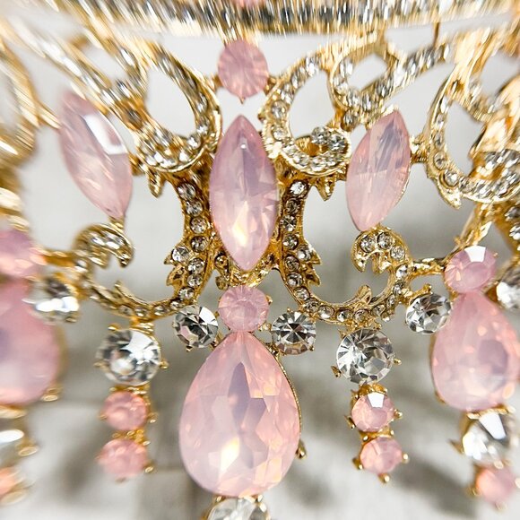 Pink and Gold Crystal Tiara Wedding Princess Gemstone Crown Adult women’s queen - Picture 7 of 11